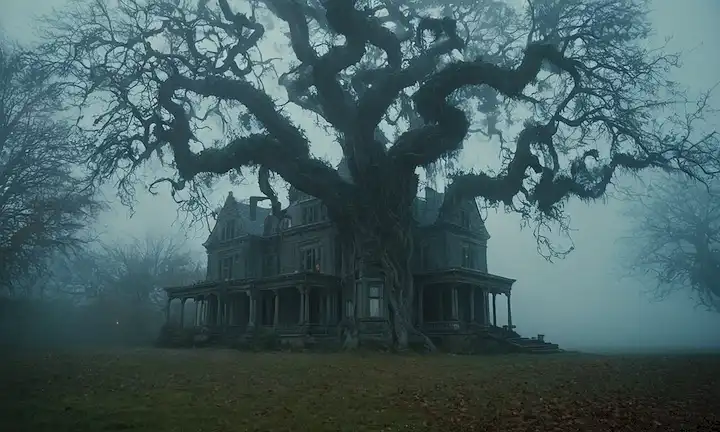 Mansión misteriosa con un árbol retorcido, niebla lenceria rodando, luz tenebrosa emanando de ventanas, figura oscura ominosa acechando, arrugando puertas, libros antiguos esparcidos alrededor, y telarañas colgando gruesamente