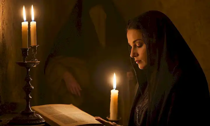 Una mujer misteriosa con un velo enrojeciendo su rostro, rodeada de velas extrañas, libros antiguos y artefactos polvorientos; sombras arrojadas sobre paredes, con un tono ominoso; susurros y secretos insinuados; esbozos débiles de símbolos crípticos; rincones oscuros, iluminación lenceria; sentido de precipicio