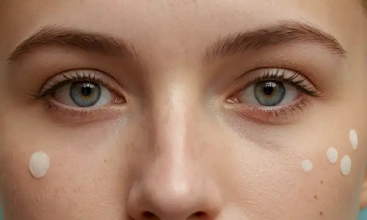 Un disparo de cerca de una persona cara con unos pequeños puntos blancos en la piel, fondo suave enfocado, iluminación natural de la luz, sombras sutiles, y un ambiente calmante, con suaves tonos de color como beige, crema y azul pálido