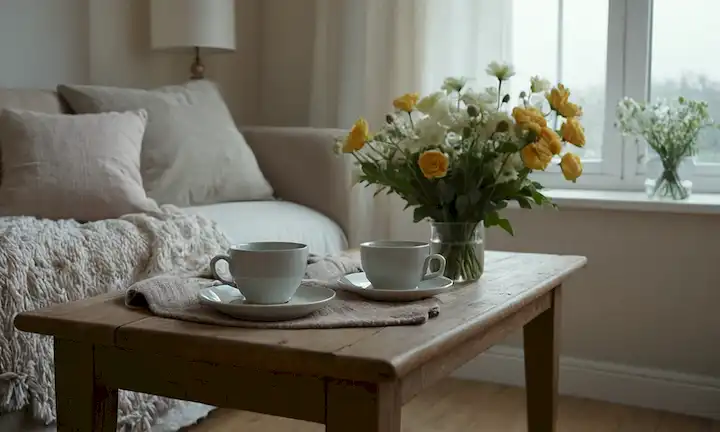 Un ambiente cálido y acogedor, con una taza de té caliente a vapor en una mesa de madera, rodeado de flores frescas, almohadas suaves y mantas, en tonos terrenales mudos, con luz natural sutil que vierte por la ventana
