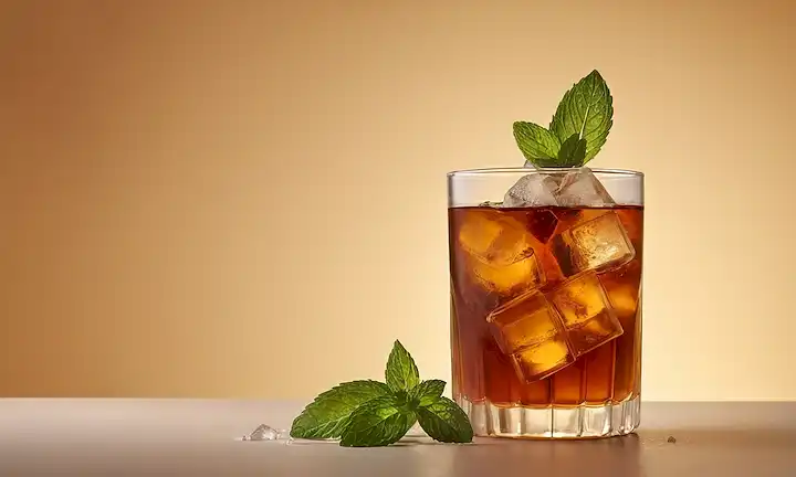 hojas de té helado suspendidas en un vaso frondoso, rodeadas de aparejos frescos de menta y cubos de hielo, con un resplandor cálido en el fondo, transmitiendo un sentido de calma y serenidad, contra una suave superficie de color beige o crema, con un efecto gradiente sutil para sugerir una brisa suave