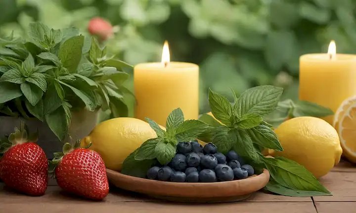 hierbas frescas como menta, albahaca y limón verbena dispuestas con frutas cortadas como fresas, arándanos y piña sobre una mesa de madera rústica, rodeada de velas y flores en colores pastel suaves