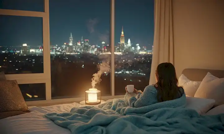 ilustración 3D de una persona rodeada de colores suaves y calmantes; una taza con un vapor relajante que se levanta de ella; unas cuantas almohadas y mantas en tonos calmantes; un paisaje nocturno tranquilo o paisaje urbano en el fondo; movimientos suaves y giratorios para evocar un sentido de serenidad