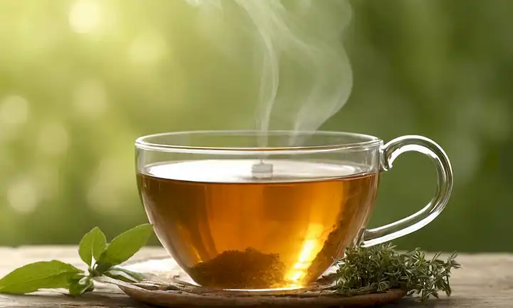 Té de hierbas calmantes, ambiente suave, suave aumento de vapor, relajante fondo con texturas naturales, paleta de colores cálidos, enfoque suave, vida tranquila, ambiente tranquilo, reflejo de luz sutil, composición atractiva, entorno tranquilo, elementos naturales mezcla