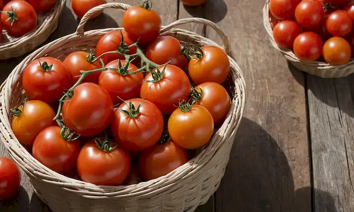 Un vibrante collage de varios colores y formas de tomate, tomates de plomería y madura con tallos unidos, una canasta o un tazón lleno de tomates frescos contra un fondo rústico o inspirado en el jardín, luz solar suave o luz natural iluminando la escena