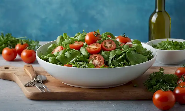 Una cálida y acogedora escena de cocina con una vibrante ensalada verde con tomates jugosos, rodeada de hierbas frescas como el albahaca y el perejil, sobre una mesa de madera con cubierto rústico y un frasco de vidrio de aceite de oliva, contra un suave fondo grisáceo azul con efectos de iluminación sutiles, que transmite la esencia de la frescura y el gusto