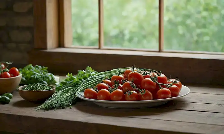 Un plato de hortalizas verdes y coloridas vibrantes, tomates, ajo y hierbas frescas dispuestas artísticamente, con unos tomates jugosos a la mitad y se abren para revelar sus interiores rojos brillantes, colocados en una mesa de madera rústica o en una encimera de piedra, rodeado de luz natural filtrando a través de una ventana, con un suave borrón en el fondo para sugerir movimiento