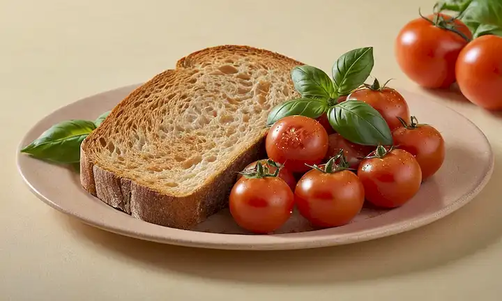 Un plato colorido apilado alto con tomates rebanados, rodeado de verdes frescos, hojas de albahaca y una rodaja de pan crujiente dorado, con unas pocas mitades jugosas de tomate que se derraman sobre los bordes, sobre un fondo beige cálido o de color crema, con una suave luz del sol arrojando un suave resplandor en la escena