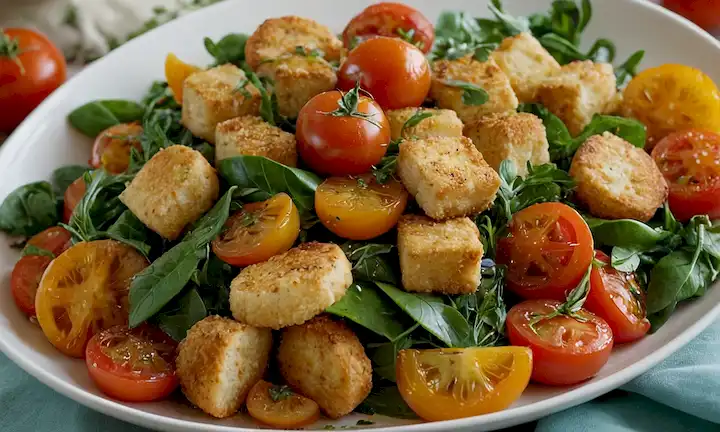 Un plato de agitación vegetal vibrante con un medley de tomates coloridos