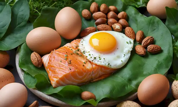 Una ilustración vibrante de un cuerpo humano con fuentes de alimentos ricas en proteínas dispersas alrededor, como huevos, pescado, frijoles y nueces, rodeado de vegetación exuberante, con iluminación sutil y colores suaves