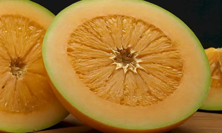 melón maduro con textura suave, pequeñas grietas, color naranja vibrante, recubrimiento sutil, cresta suave, forma redondeada, firme pero rindiendo a la presión, tallo delicado, pulpa jugosa