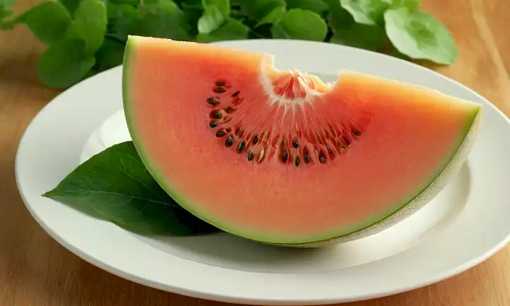 Una rebanada de melón vibrante en una placa blanca, rodeada de hojas verdes frescas, con un fondo sutil de grano de madera natural, iluminación cálida y sombras suaves