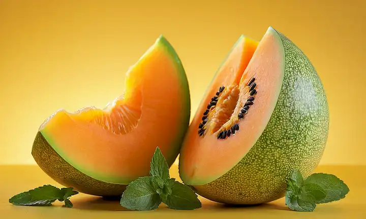 melón maduro con cáscara verde, rebanada abierta para revelar carne jugosa de color amarillo-orange, dispersa con semillas y algunas ramitas de hojas de menta frescas, puestas en un fondo dorado cálido, quizás con un vaso de agua o una placa cercana para escala
