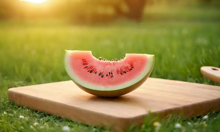 Un melón maduro con algunas hojas unidas a su tallo, acostado en una cama suave de hierba verde o una tabla de corte de madera, rodeado de elementos naturales como flores, frutas o ramas, con una luz dorada que brilla desde arriba, y un efecto borroso sutil en el fondo