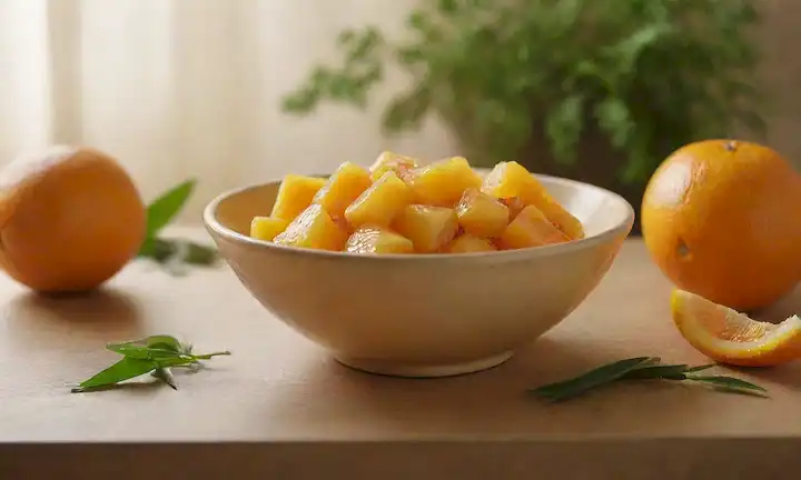 Una fruta naranja-amarillo vibrante con semillas derramadas, rodeada de un sutil patrón floral; un tazón lleno de membrillo rebanado y verdes frescos; una cálida luz dorada arrojando un ambiente acogedor; una rama delicada con hojas y pequeñas naranjas en el fondo; texturas naturales y tonos terrenales