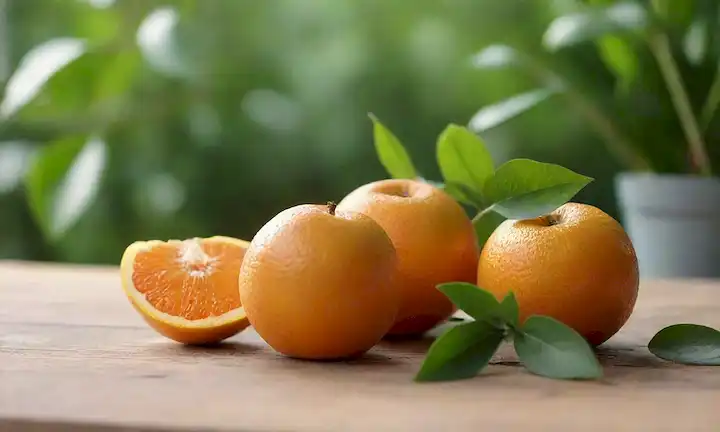 Una fruta de color amarillo brillante con una piel suave, unas cuantas hojas y tallos, colocados en una superficie de madera natural, con un toque de luz solar de la mañana, rodeado de vegetación fresca y hierbas, transmitiendo frescura y bienestar, con detalles intrincados de la textura de las frutas, destacando su color vibrante