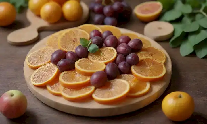 Un plato de rodajas de membrillo amarillo naranja vibrante dispuestas artísticamente, rodeada de hojas verdes frescas y una tabla de corte rústica de madera, con unas uvas o higos diseminados cerca para pops adicionales de color