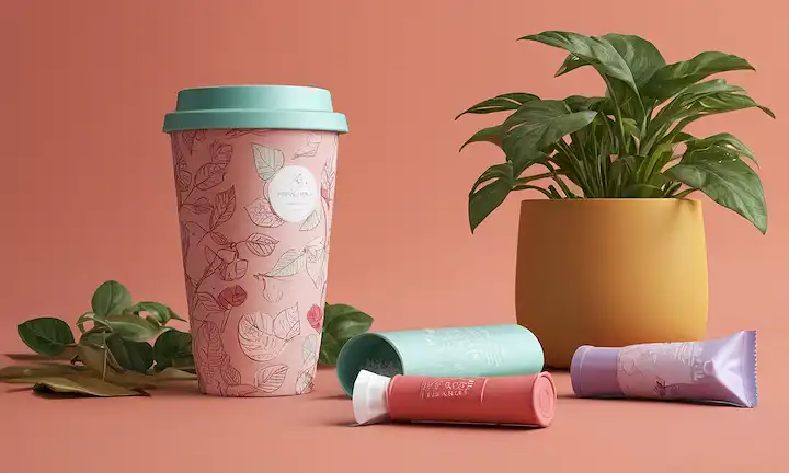 ilustración 3D de una taza reutilizable, embalaje ecológico, un rastreador de ciclo menstrual, y un envoltorio de tampón basado en planta