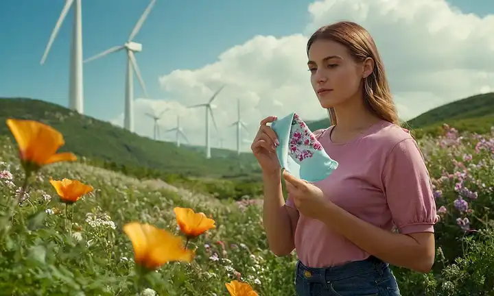 Un paisaje natural con una mujer en el centro, rodeada de flores y plantas, sosteniendo una reutilizable almohadilla de tela o taza menstrual, con un resplandor sutil para representar la eco-amigosidad, en medio de un fondo de materiales reciclados y una pequeña turbina eólica, transportando sostenibilidad, sencillez y minimalismo