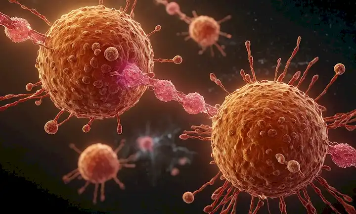 ilustración 3D de un núcleo celular, células cancerosas con daño al ADN, células sanas con ADN intacto, proceso de mitosis, estructura de aminoácidos, tejido mamario, enlaces moleculares, metabolismo celular