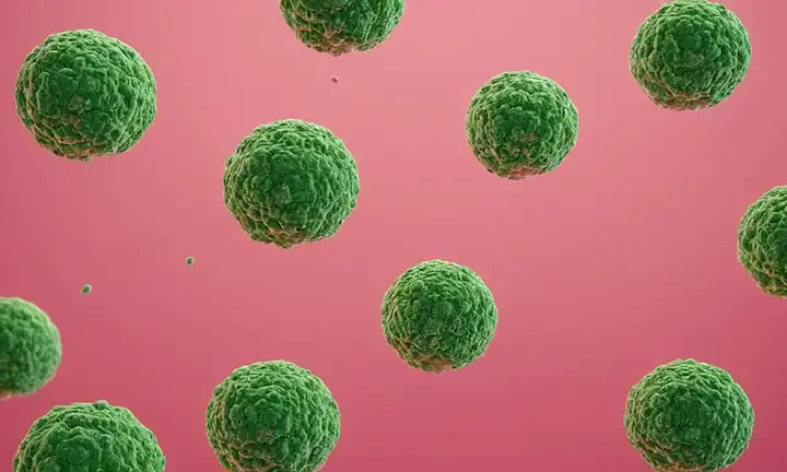 células 3D en un fondo rosado con mitocondria verde, un pequeño crecimiento tumoral en un lado, y un delicado equilibrio entre nutrición y enfermedad en el otro, representando la lucha contra el cáncer