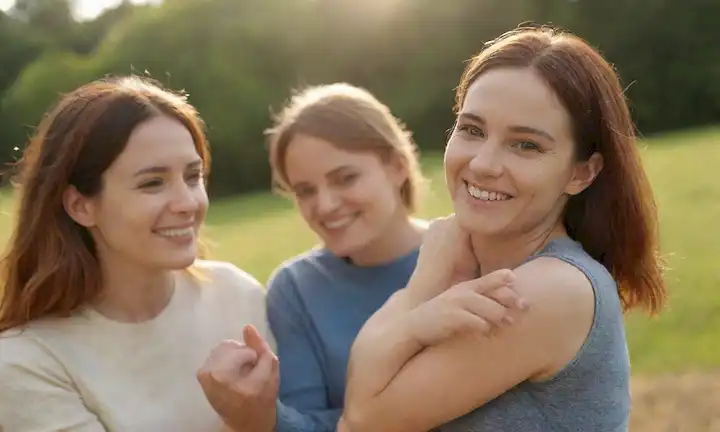 3 personas sonriendo, manos entrelazadas, iluminación suave, ambiente tranquilo, escenario natural, paisaje al aire libre, sollit, enfoque suave, momentos tiernos