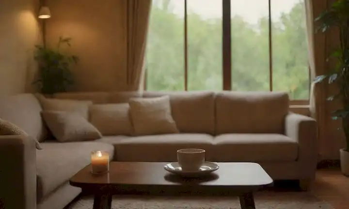 Una persona que se relaja en una habitación acogedora, con velas encendidas, rodeada de exuberante vegetación, un fondo de color cálido, un cómodo sofá, y una taza de café o té en una pequeña mesa