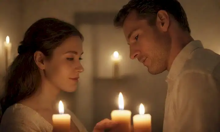 Un entorno tranquilo y sereno con velas encendidas, una pareja abrazando, enfoque suave en sus caras, colores suaves de fondo, ambiente pacífico, manos entrelazadas