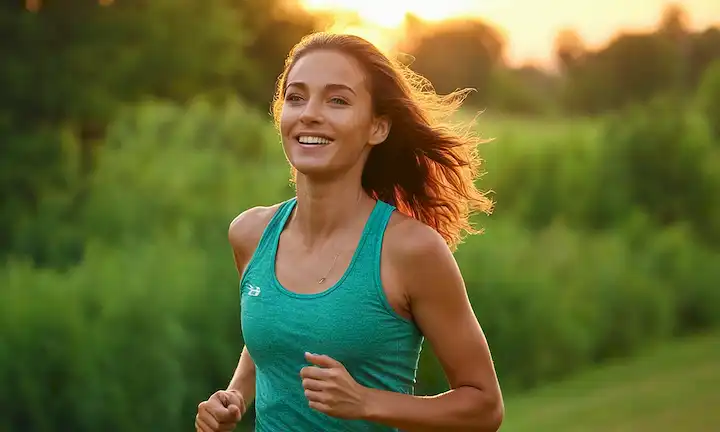 Corredor en movimiento, fondo verde, puesta de sol caliente, árboles en horizonte, ambiente tranquilo, persona con sonrisa, gotas de sudor, cabello fluyente, postura relajada