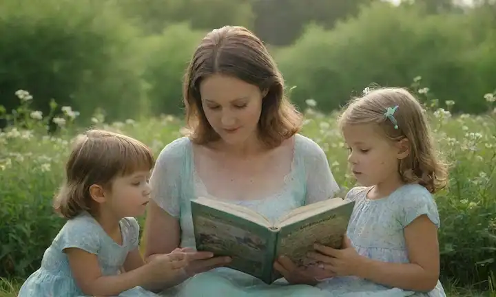 Figuras maternales rodeadas de un aura protectora, alimentando las manos caras de niños, una madre suave leyendo a sus hijos, un paisaje sereno con flores florecientes, una paleta de colores relajante con azules suaves y verdes