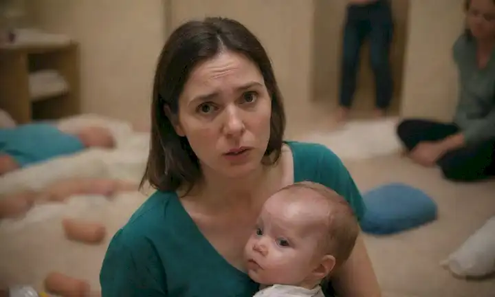 Una madre que sostiene a un niño en un ambiente caótico y lleno de gente; su expresión facial está preocupada y cansada; ella tiene un sentido de aislamiento
