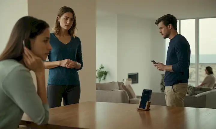 Una pareja de pie en una habitación, con una persona mirando lejos, aislado y distante; un teléfono inteligente en una mesa entre ellos, con un fondo de redes sociales borroso; un sutil indicio de tristeza o frustración; colores cálidos y mudos
