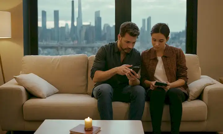 Una pareja sentada en un sofá, uno con teléfono, otro con libro, atmósfera es tensa; pareja de pie frente al paisaje urbano, uno excluido de la reunión social, otro incluido; persona mirando su teléfono, sentirse sola y salir; un par de manos sosteniendo una foto juntos, pero los dedos están sueltos