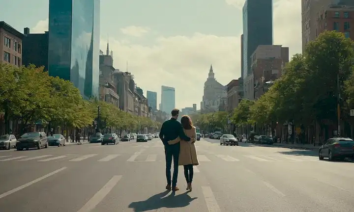 Una pareja de pie en una encrucijada, con una persona mirando hacia atrás y la otra mirando hacia adelante; un paisaje urbano borroso o una calle ajetreada detrás de ellos, simbolizando la vida social; el lenguaje corporal de las parejas sugiere tensión, distancia o confusión entre ellos, destacando el tema de la exclusión; colores suaves y mudos para transmitir una sensación de anhelo e incertidumbre