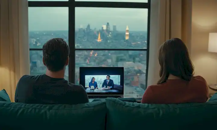 2 personas sentadas en un sofá con TV en el fondo, una persona se apartó de la otra, un portátil cerrado o un libro entre ellos, un paisaje urbano lejano o una escena de fiesta visible a través de una ventana