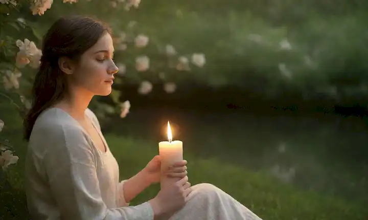 Una persona sentada tranquilamente en la naturaleza, con una cálida luz suave, rodeada de flores florecientes y exuberante vegetación, sosteniendo una vela o una mirada suave, transmitiendo serenidad y amor propio