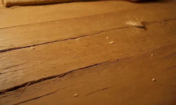 Un disparo de cerca, corteza dorada, interior blanco cremoso, bordes irregulares, dispersos con pequeños agujeros, ligeramente aceitados, con un fondo rústico de madera, iluminación caliente, y algunos hilos sueltos