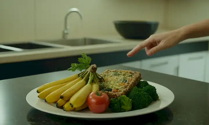 Un plano de un plato con un producto de alimentos moho, una porción saludable de frutas y verduras frescas en el lado, un símbolo de advertencia o una mano que alcanza para quitar el alimento estropeado, una cocina limpia en la parte de fondo