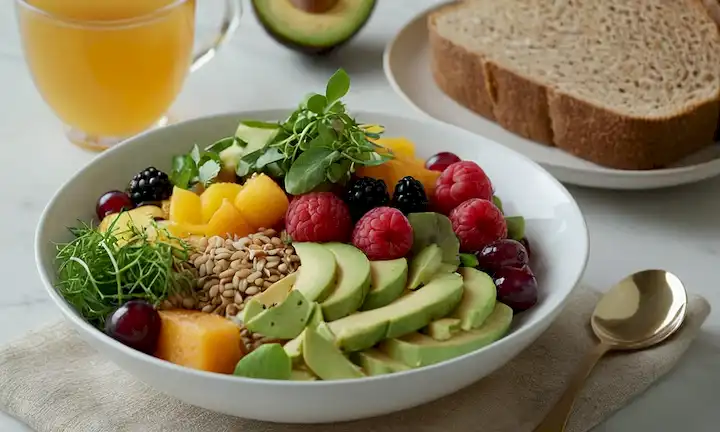 Un tazón de ensalada de fruta colorida con unos pocos brotes de vegetación