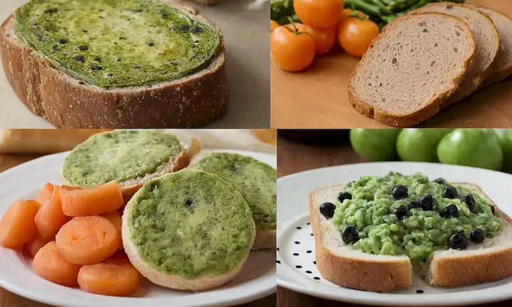 Un plato con comida enlatada vencida, un cuenco de frutas estropeadas y un plato de petri con crecimiento de moldes; tomas de cerca de manchas verdes borrosas en el pan, verduras delgadas y manchas negras en la carne; una comparación de pantalla dividida entre productos frescos y podridos; un collage de diferentes tipos de alimentos estropeados
