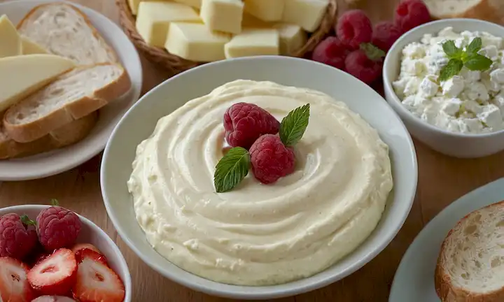 Comidas suaves como yogur, rebanadas de queso en un plato, un tazón de hummus blando con crudités, una cesta de frutas frescas, un vaso de leche, un bloque de queso feta, y un poco de baguette rebanada