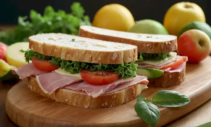 sándwiches recién cortados con carnes rebanadas, queso y verduras, en una tabla de corte de madera, rodeado de frutas maduras y hojas, con una cálida y acogedora iluminación de enfoque suave