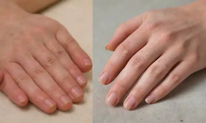 Una toma de cerca de las manos de las personas con uñas largas y sin cortar se acurrucaron hacia la palma