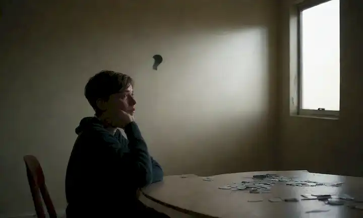 Una persona sentada sola en una sala encendida, con sombras en su cara, sosteniendo una burbuja de pensamiento o una marca de preguntas sobre su cabeza, rodeada de espejos fragmentados o vidrio roto, transmitiendo sentimientos de aislamiento, soledad e incertidumbre, con sutiles indicios de tristeza y desesperación