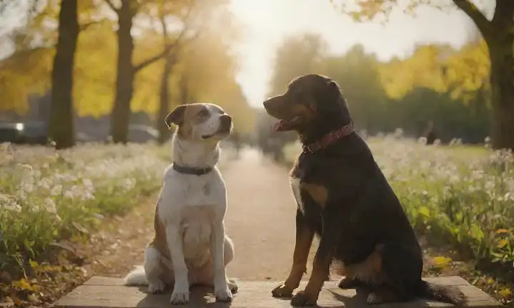 Una persona sentada en un banco del parque con un perro amistoso a su lado, mirando el cielo, agarrando las manos con alguien en el fondo, rodeado de flores, pájaros cantando cerca, luz solar caliente filtrando a través de hojas