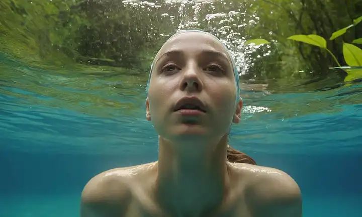 nadadores en agua azul tranquila, rodeados de vegetación, con neuronas cerebrales y recuerdos flotando alrededor de sus cabezas, auras de claridad alrededor de sus caras, suave luz solar que brilla, gotas de agua brillando en la piel, relajadas expresiones faciales, y sutiles notas de fondo de plantas acuáticas