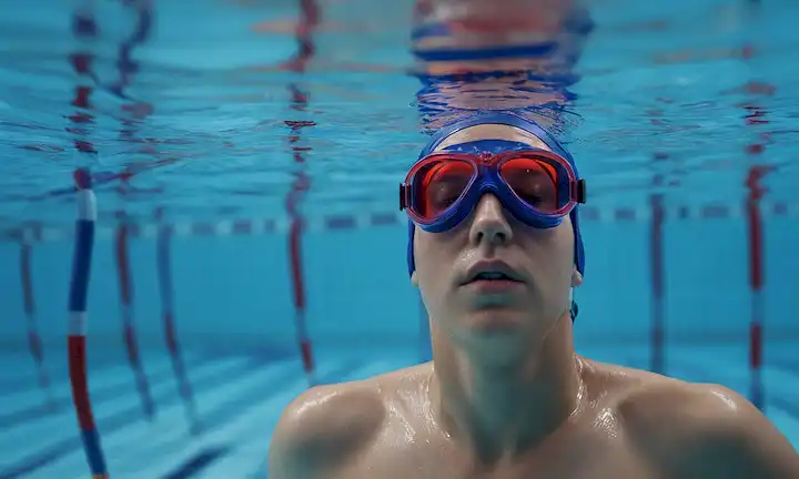 ilustración 3D de un nadador en una piscina, escaneos cerebrales que muestran mayor flujo de sangre, flujo de líneas rojas y azules que representan la circulación sanguínea cerebral, fondo acuático con ondas, figura humana relajada con ojos cerrados, gafas apagadas, enfoque en movimiento de natación, atmósfera tranquila