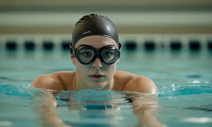 Una persona que nada en una piscina, con una expresión tranquila y serena, usando gafas y una gorra de baño, rodeada de ondas en la superficie del agua, con un fondo sutil borroso para enfatizar los temas se centran en sus trazos
