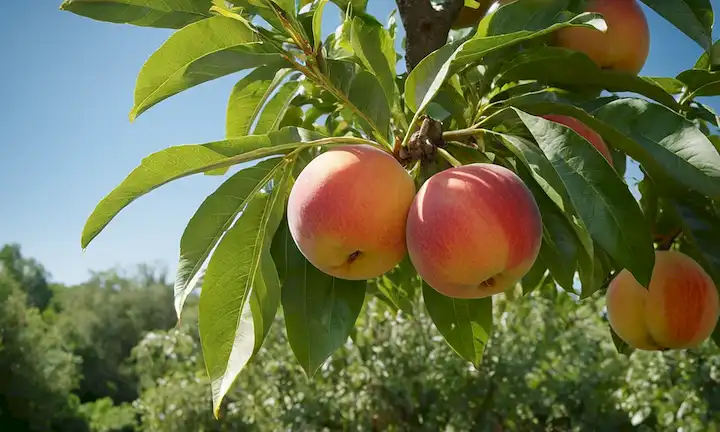 Una nectarina madura rodeada de exuberantes hojas verdes en una rama de árbol soleada, con un cielo azul cálido en el fondo, con sutil sombra y textura para destacar la dulzura de las frutas