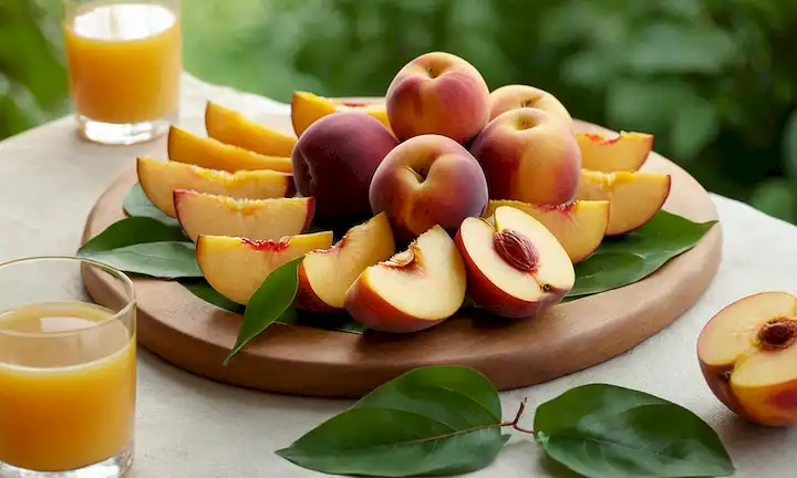 una vibrante bandeja de frutas de verano con un racimo de nectarinas con hojas, un vaso de jugo o una rebanada abierta para mostrar la pulpa jugosa, rodeada de vegetación exuberante, con una cálida luz dorada y un enfoque suave, que transmite frescura y abundancia natural